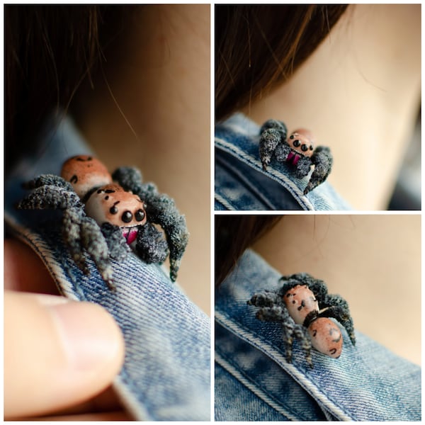 Cute spider pin, pink fangs, jumping spider brooch, realistic figurine, mini poseable toy, creepy gift, cute kawaii monster, made to order