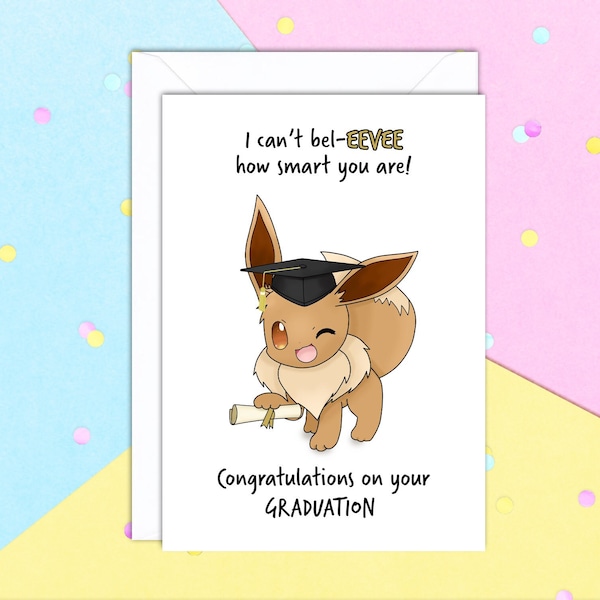 Nie wierzę, Eevee, jaki jesteś mądry. Kartka z życzeniami z okazji ukończenia szkoły A5 z białą kopertą.