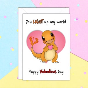 Carte de voeux A5 You Light Up My World Salamèche pour la Saint-Valentin avec enveloppe blanche