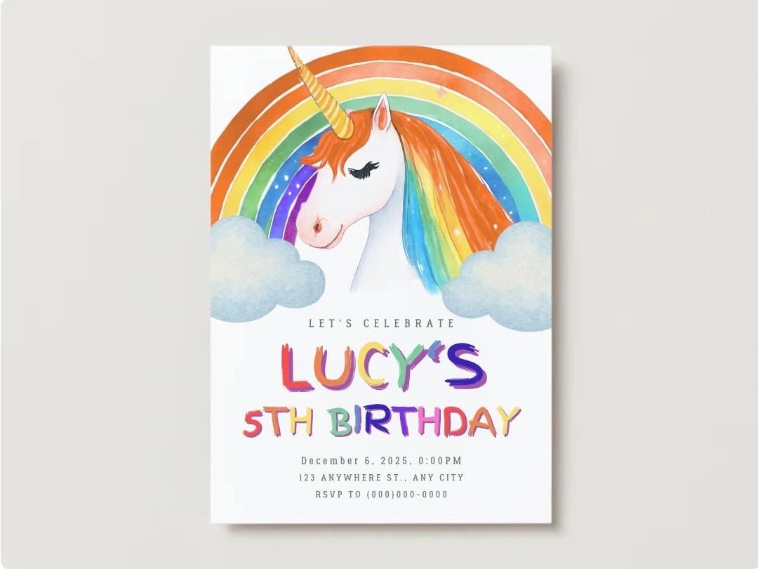 Rainbow Unicorn Digital Birthday Invitation - Etsy