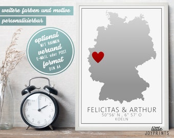 Love poster as a personalized gift for wedding, engagement or anniversary with name and coordinates Map of Germany