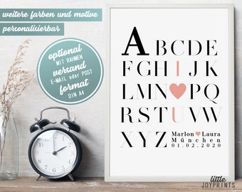 Love poster as a personalized gift for wedding engagement or anniversary with name and year alphabet