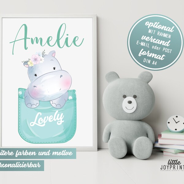 Birth poster girl as a personalized baby gift for birth with first name animals hippo