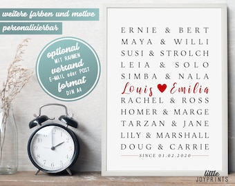 Love poster as a personalized gift for wedding engagement or anniversary with name and year Famous couples