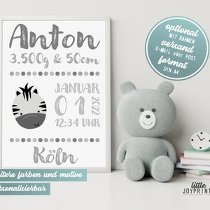 Birth poster boy as a personalized baby gift for birth with birth dates Animals Zebra