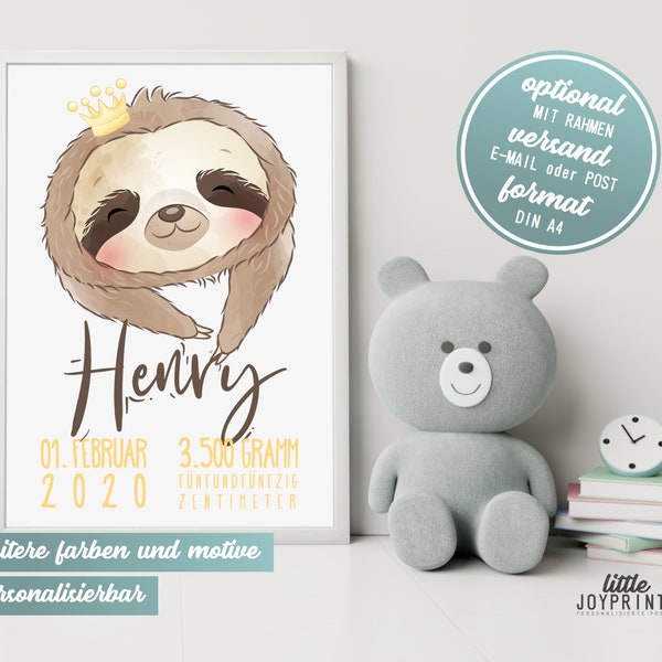 Birth poster boy as a personalized baby gift for birth with birth dates animals sloth with crown