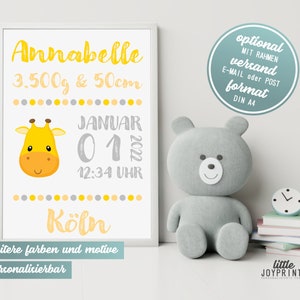 Birth poster girl as a personalized baby gift for birth with birth dates animals giraffe