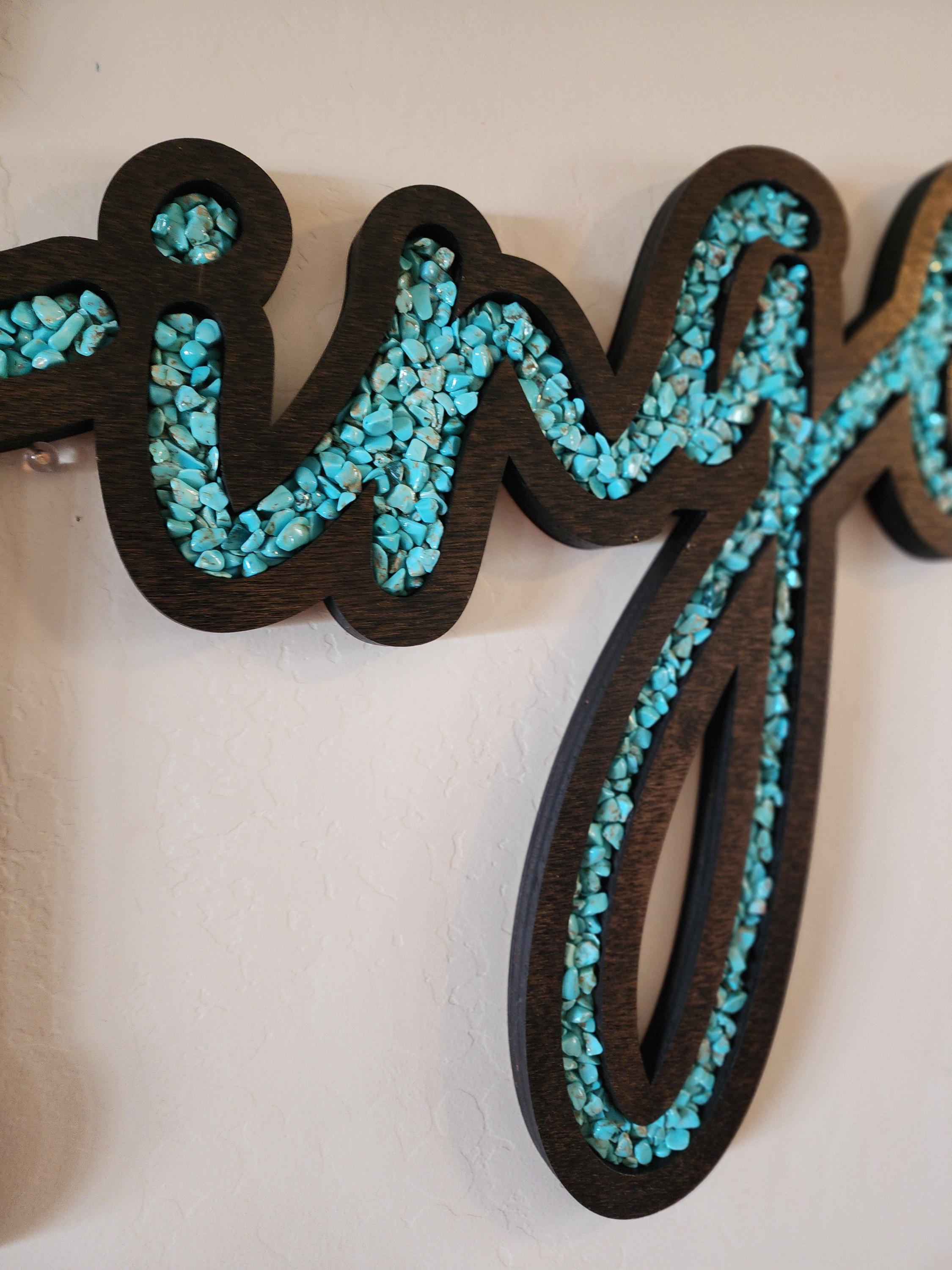 Name Inlay Custom Name Sign With Turquoise Stone Inlay, Dark Brown Stained Wood ...
