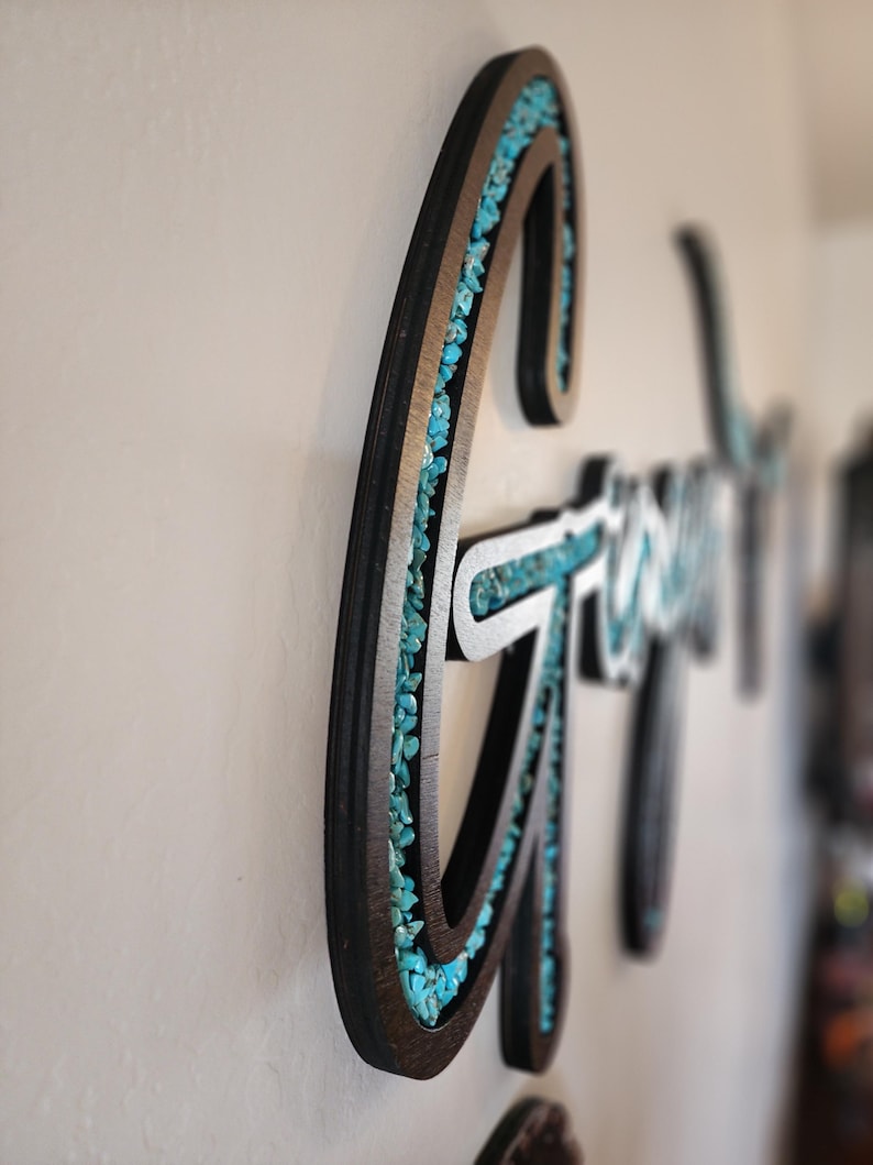 Turquoise Inlay Sign Custom Name Sign With Turquoise Stone Inlay, Dark Brown Stained Wood ...