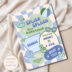 May include: A pastel blue and white pool party invitation with the text "Splish Splash" and "it's a Pool Party bash". The invitation includes illustrations of a flamingo float, sunglasses, and an ice cream. The invitation is for George's 8th birthday.