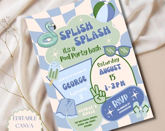 Pool Party Birthday Invitation Editable Canva Template Any Age Birthday Invite Blue Birthday Invite Sage Green Boys Birthday Party Invite