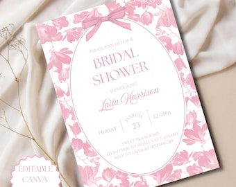 Invitación de despedida de soltera con flores rosas, plantilla editable de Canva, invitación de despedida de soltera con lazo rosa, plantilla de despedida de soltera, invitación floral elegante