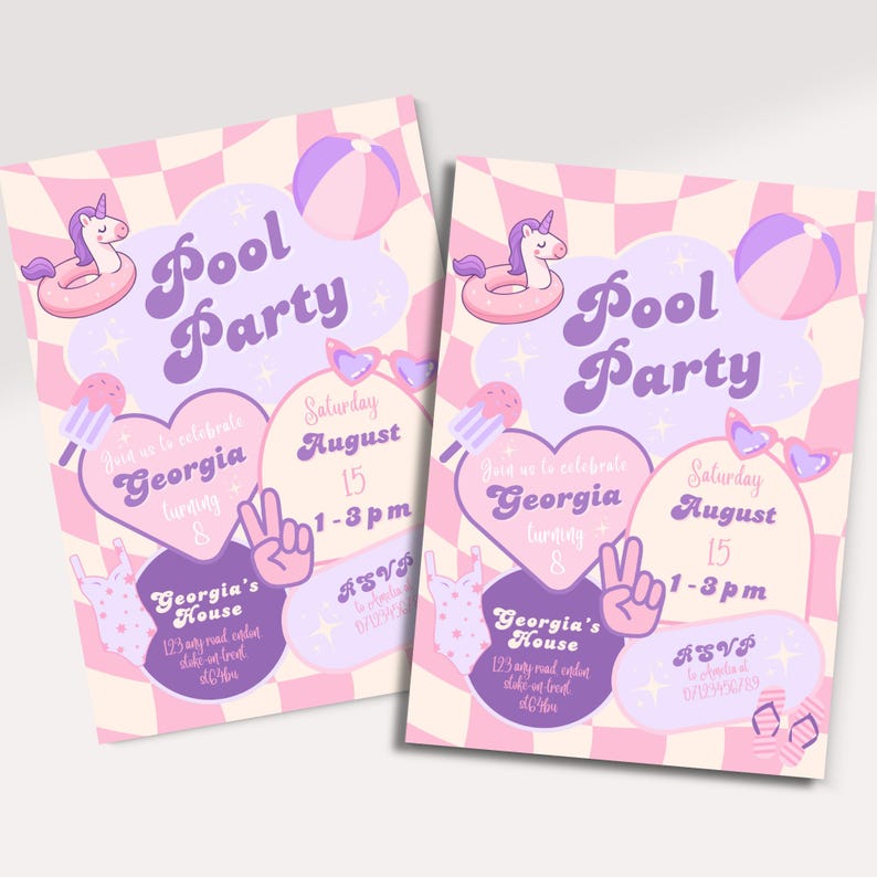 Pink Pool Party Birthday Invitation Editable Canva Template Any Age Birthday Invite Pink Birthday Invite Lilac Girls Birthday Party Invite image 4