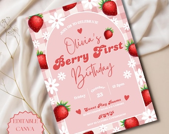 Berry First Birthday Invitation Editable Canva Template Girls 1st Birthday Invite Pink Strawberry Birthday Invite Berry Girls Birthday Party