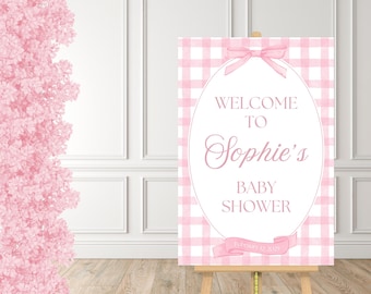 Różowy znak powitalny na baby shower w kratkę Różowy edytowalny szablon Canva Różowy znak na baby shower Różowy wystrój na baby shower Różowy znak na baby shower