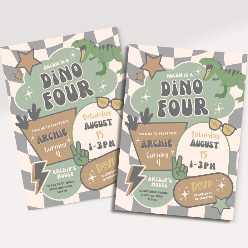 May include: Two invitations with a dinosaur theme. The invitations have a checkered background and feature the text "Dino Four", a green dinosaur graphic, and details for a birthday party, including the date, time, and RSVP information.