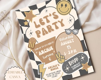 Let's Party Birthday Invitation Editable Canva Template Any Age Birthday Invite Brown Birthday Invite Boys Checkered Retro Birthday Party