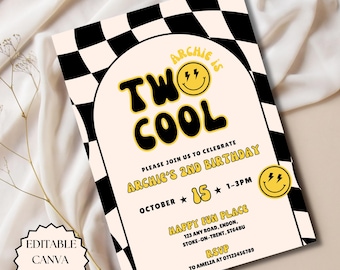 May include: A retro-style birthday invitation with a cream background and black and white checkered border. The text reads "Two Cool" with a smiley face and the details for Archie's 2nd birthday.