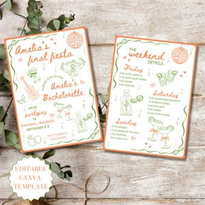 May include: Two invitation cards with an orange border and green accents. The left card says "Amelia's final fiesta" with illustrations of a guitar, maracas, and a disco ball. The right card lists weekend details with illustrations of drinks.