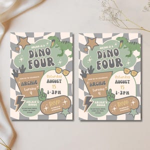 May include: Two party invitations with a retro design. The invitations feature the text "Archie is a Dino Four" with a dinosaur illustration. Additional text includes party details and an RSVP section. The background has a checkered pattern.