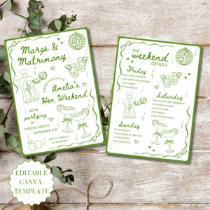 May include: Two green-bordered invitation cards with the text "Margs & Matrimony" and "Amelia's Hen Weekend." The cards feature illustrations of cocktails, tequila bottles, and a disco ball. The text includes event details and the phrase "Editable Canva Template."