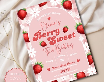 Modèle de toile modifiable d'invitation d'anniversaire doux de baies quelqu'un de n'importe quel âge d'anniversaire d'invitation d'invitation d'anniversaire de fraise rose d'invitation d'anniversaire de filles de baies