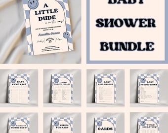Blauwe Little Dude babyshowerbundel bewerkbare canvassjablonen Little Dude babyshoweruitnodiging en games Blauwe babyshowergames smileygezicht