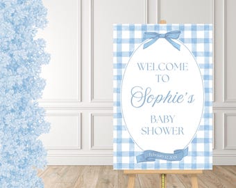 Blue Gingham Baby Shower Welcome Sign Blue Gingham Editable Canva Template Blue Baby Shower Sign Blue Baby Shower Decor Blue Gingham Sign