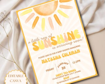 Yellow Sunshine Baby Shower Invitation Editable Canva Template Yellow Little Ray Of Sunshine Baby Shower Invite Yellow Baby Shower Invite