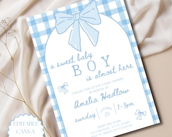 Blue Sweet Little Boy Baby Shower Invitation Editable Canva Template Blue Baby Shower Invite Gingham Baby Shower Invite Blue Bows