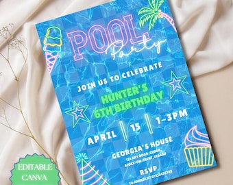 Pool Party Birthday Invitation Editable Canva Template Any Age Birthday Invite Blue Birthday Invite Neon Pool Party Birthday Invite