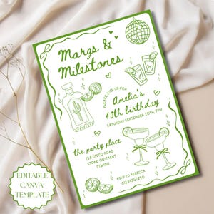 Può includere: Invito verde e bianco con il testo "Margs & Milestones" e "Amelia's 40th birthday." Il design include illustrazioni di una bottiglia di tequila, bicchieri da margarita e una palla da discoteca. È presente anche il testo "Editable Canva Template".