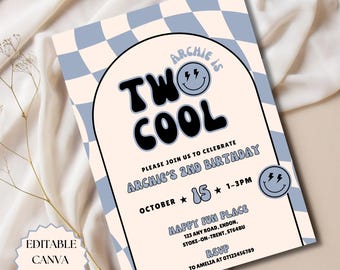 Two Cool 2nd Birthday Invitation Editable Canva Template Second Birthday Invite Blue Checkered Retro Smiley Face Birthday Invitation