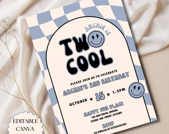 Two Cool 2nd Birthday Invitation Editable Canva Template Second ...