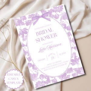 Lilac Floral Bridal Shower Invitation Editable Canva Template Lilac Bow Bridal Shower Invite Bridal Shower Template Elegant Floral Invite