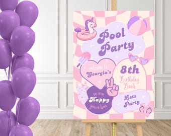 Pool Party Birthday Party Welcome Sign Template Pool Party Sign Pink Birthday Welcome Sign Checkered Girls Retro Birthday Party Decor