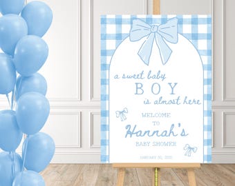 Cartello di benvenuto per baby shower blu, dolce bambino, baby shower per maschietto, modello Canva modificabile, baby shower a quadretti blu, decorazioni per baby shower con fiocchi blu.