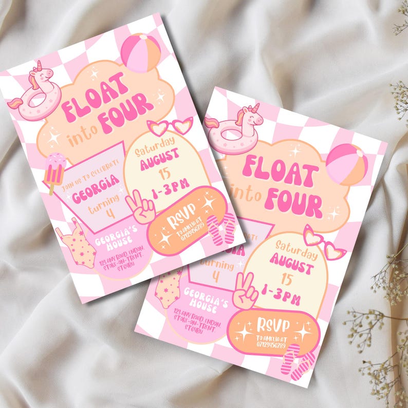 Floating Invite Float Into Four Birthday Invitation Editable Canva Template Pool Party ...