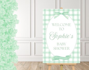 Green Gingham Baby Shower Welcome Sign Green Gingham Editable Canva Template Green Baby Shower Sign Sage Green Gingham Baby Shower Decor