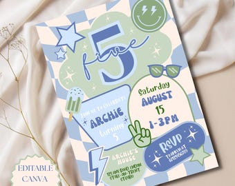 5th Birthday Invitation Editable Canva Template Fifth Birthday Invite Blue Birthday Invite Boys Checkered Retro Birthday Party Invitation