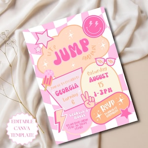 May include: A pink and peach birthday party invitation with the text "Let's Jump and Play". The invitation includes the name "Georgia" and the date "August 15". The design features a checkered background, stars, and a smiley face.