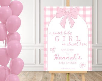 Pink Baby Shower Welcome Sign Sweet Baby Girl Baby Shower Editable Canva Template Pink Gingham Baby Shower Pink Bows Baby Shower Decor Sign