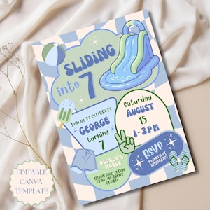 May include: A birthday invitation template featuring a blue and white checkered background with illustrations of a water slide, beach ball, popsicle, and shorts. Text includes SLIDING into 7, JOIN US TO CELEBRATE GEORGE turning 7, Saturday AUGUST 15 1-3PM, GEORGE'S HOUSE, 123 ANY ROAD, ENDON, STOKE-ON-TRENT, ST6 4BU, and RSVP TO AMELIA AT 07123456789.