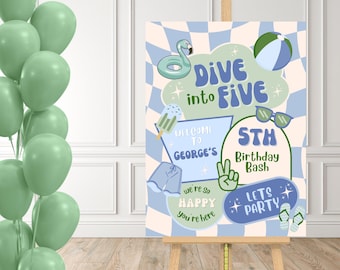 Dive Into Five Birthday Party Welcome Sign Template Pool Party Sign Blue Birthday Welcome Sign Green Boys Retro Birthday Party Decor