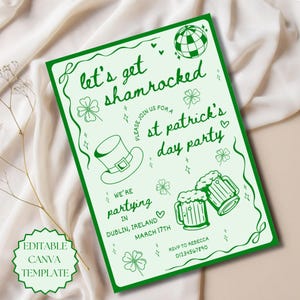 May include: Green St. Patrick's Day party invitation with shamrocks, a leprechaun hat, and beer mugs. The text reads "Let's get shamrocked" and "We're partying in Dublin, Ireland, March 17th."