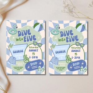 May include: Two identical invitations with a blue and white checkered background. The invitations read "Dive into Five" with illustrations of a flamingo float, beach ball, and sunglasses. Details include the name "George", date, time, and RSVP information.