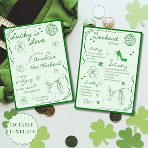 Puede incluir: Dos tarjetas de invitación verdes para una despedida de soltera con texto e ilustraciones en blanco. Las tarjetas presentan tréboles, cócteles y bolas de discoteca. Una tarjeta dice "Lucky in Love" y la otra enumera los detalles del fin de semana.