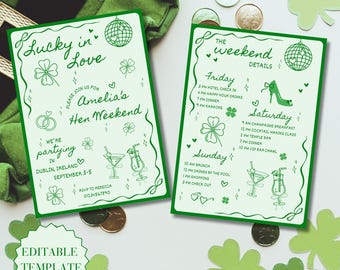 Plantilla de invitación e itinerario para despedida de soltera "Afortunada enamorada" Invitación y plan para despedida de soltera irlandesa Fin de semana de despedida de soltera en Dublín Invitación para despedida de soltera "Afortunada enamorada"