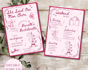 Paris Bachelorette Invite And Itinerary Template Paris Hen Party Invite And Plan Editable Canva Template Pink Paris Hen Weekend Girls Trip