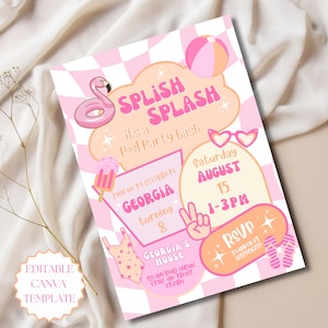 Puede incluir: Invitación a una fiesta en la piscina rosa y blanca con el texto "Splish Splash" y "Pool Party Bash". La invitación incluye un flotador de flamenco, helado, gafas de sol y un traje de baño. La invitación es para el cumpleaños número 8 de Georgia.